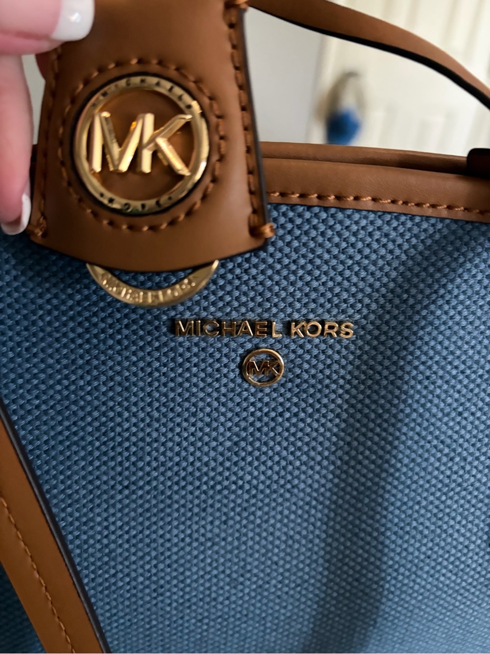 Michael Kors Denim Blue cotton Tote W/ Leather Trim Unused..